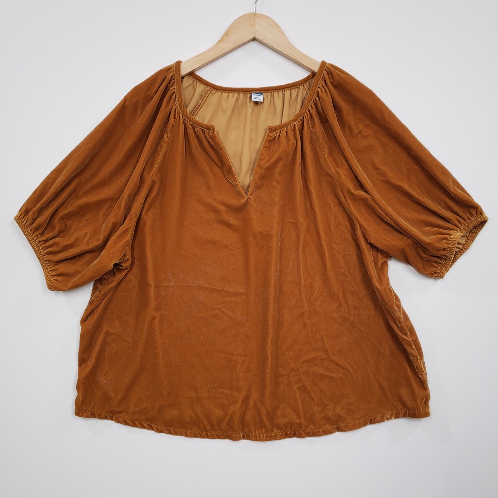 Old Navy Womens Cognac Brown Velvet Puff Sleeve Split Neck Blouse Top Large